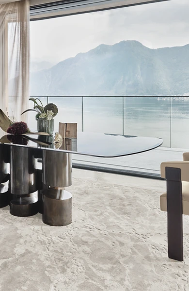 dining room of a modern villa with a view of lake como
