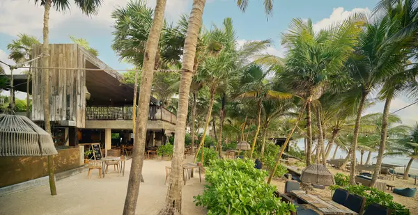 Restaurant Meresias: Exterior view with tables and chairs on the sand and a terrace, surrounded by nature and jungle.