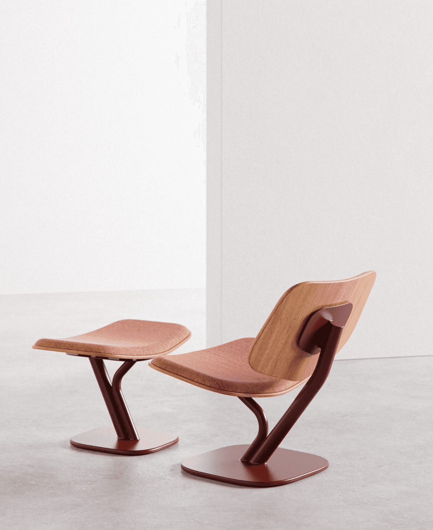 Till Lounge Chair back view showing bent oak plywood shell and sculptural red metal base