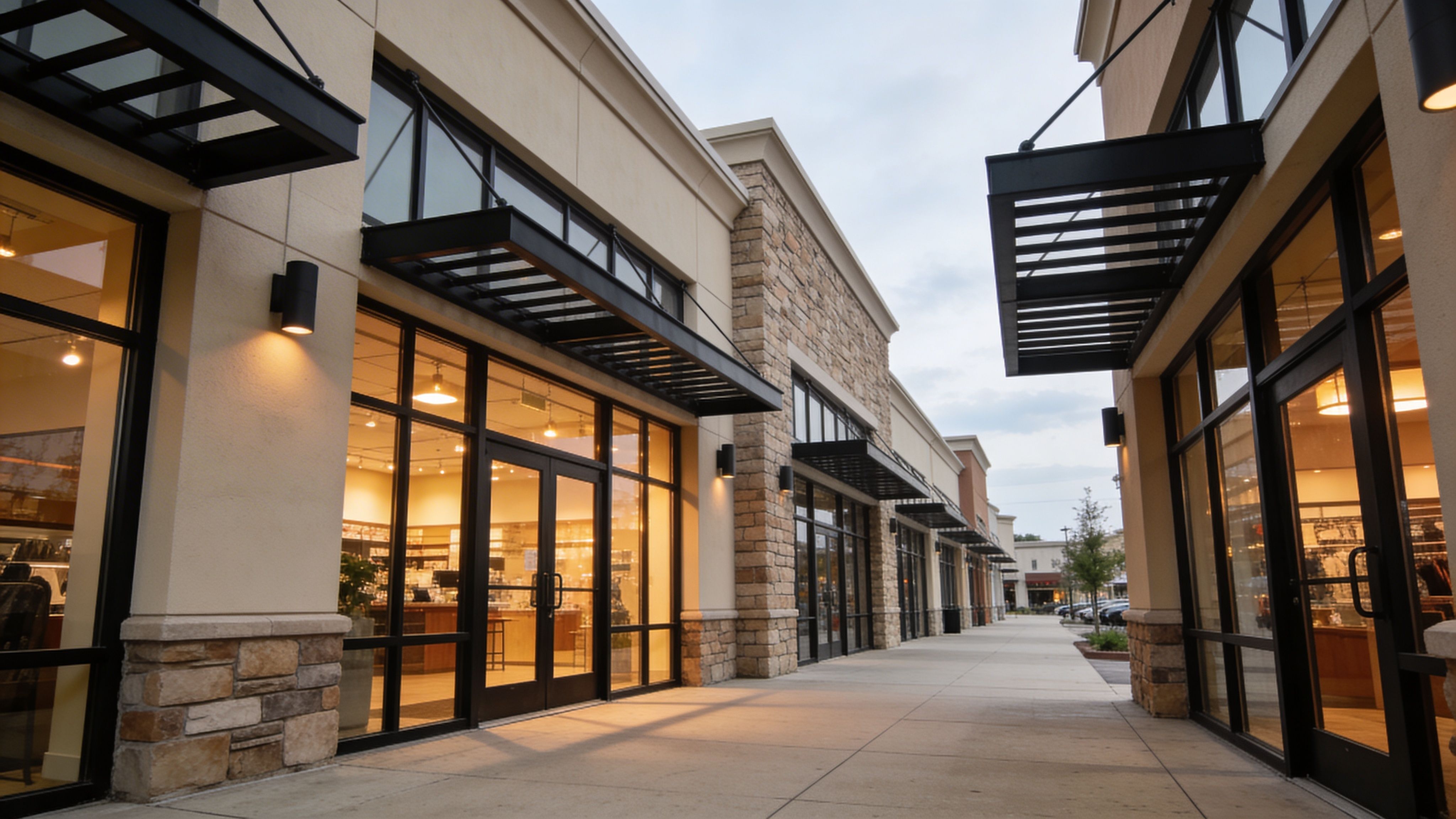 Exterior view of a contemporary shopping plaza with multiple retail storefronts and pedestrian walkway