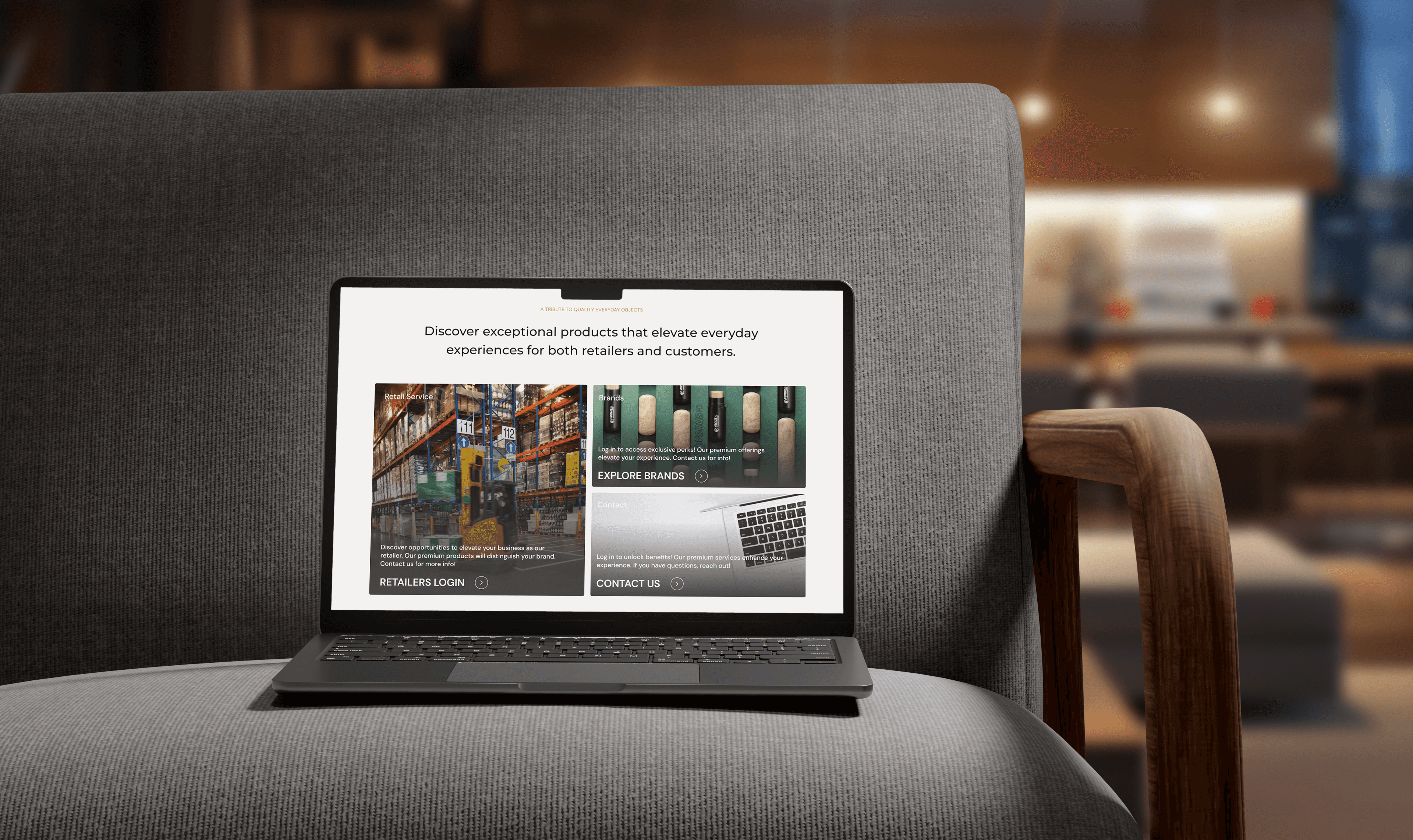 Mockup of a laptop displaying a website that highlights the brand's approach to retail services and exclusive product offerings. The design combines engaging visuals with clear calls to action, targeting both retailers and customers to explore and connect.