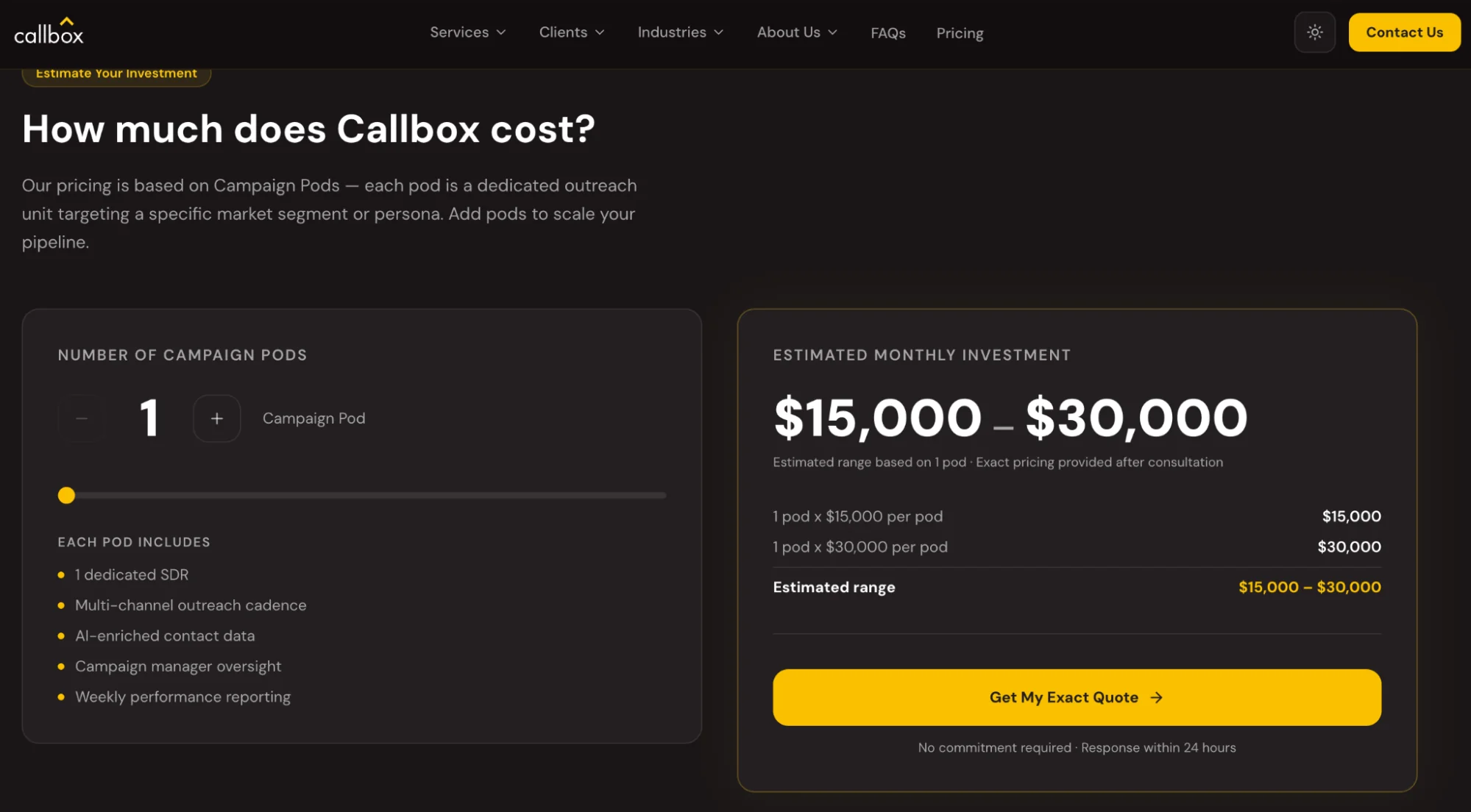 Callbox pricing page: campaign pod cost calculator