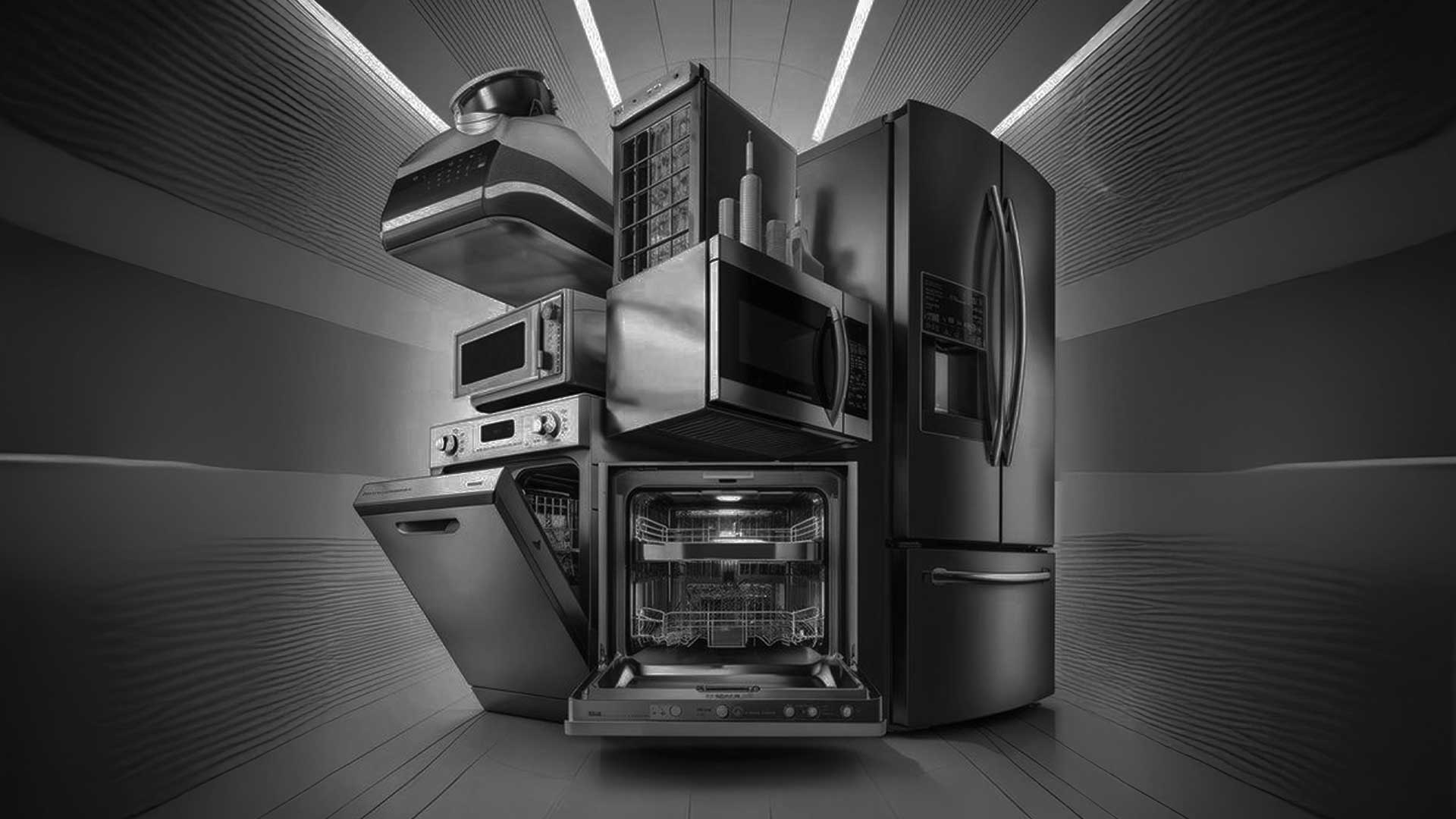 Комплексне зображення побутової техніки для кухні — холодильник, духовка, мікрохвильова піч, посудомийка