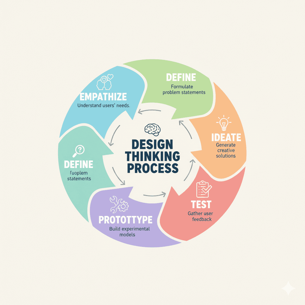 Design thinking process diagram showing stages: empathize, define, ideate, prototype, test.