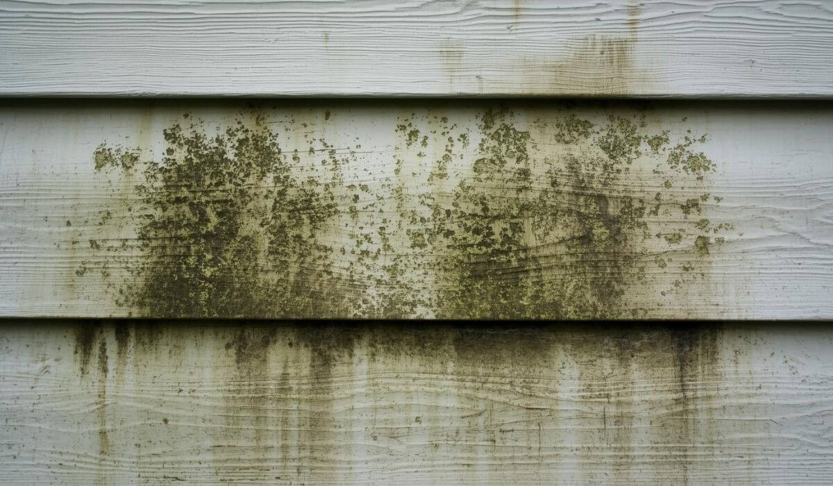 Mold stains on the lower siding caused by moisture behind panels