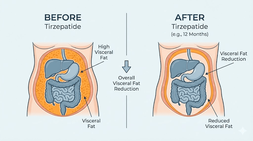 Visceral fat reduction before and after tirzepatide treatment illustration