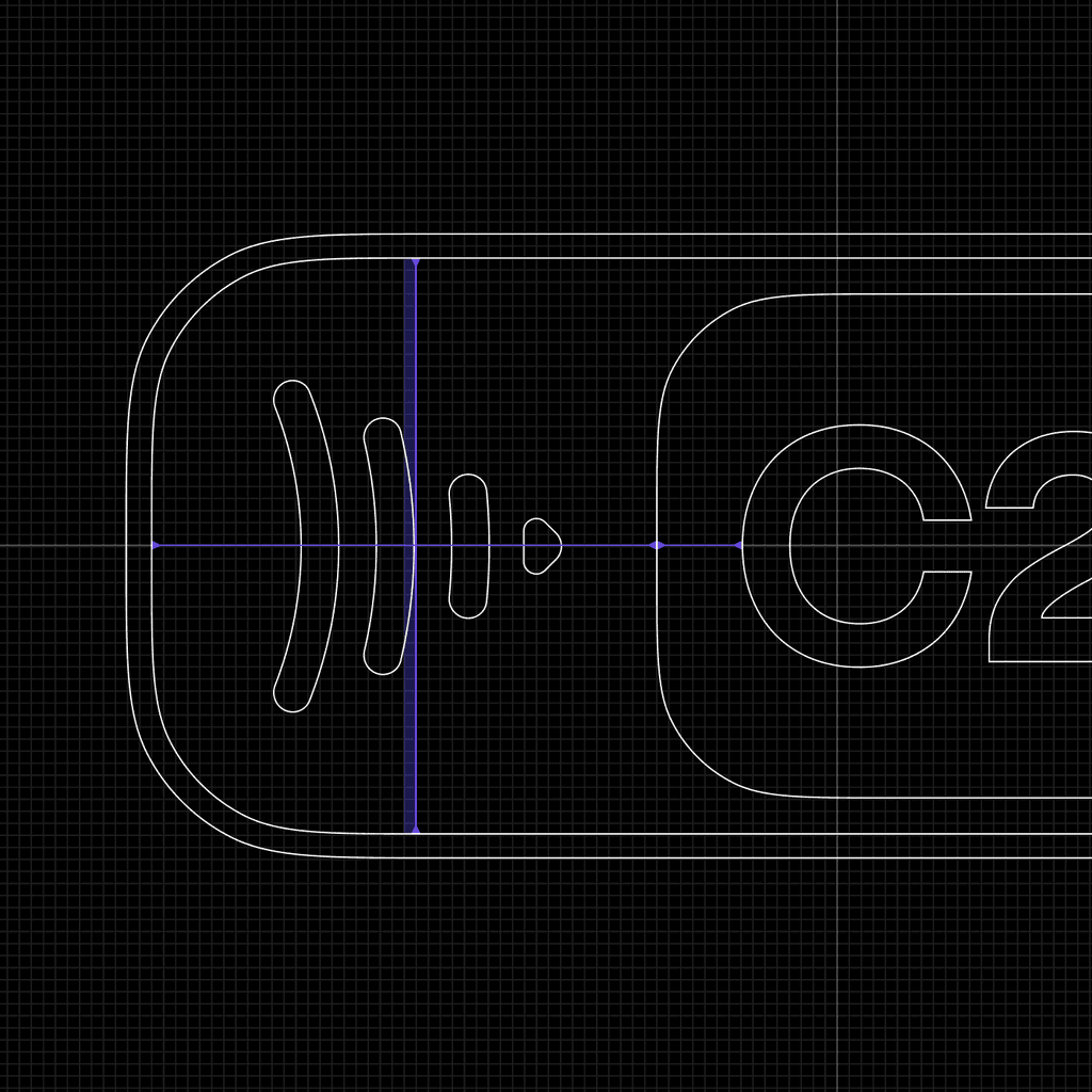 C2 audio brand logo construction with vector wireframes and alignment guides, identity design by Michael Novia
