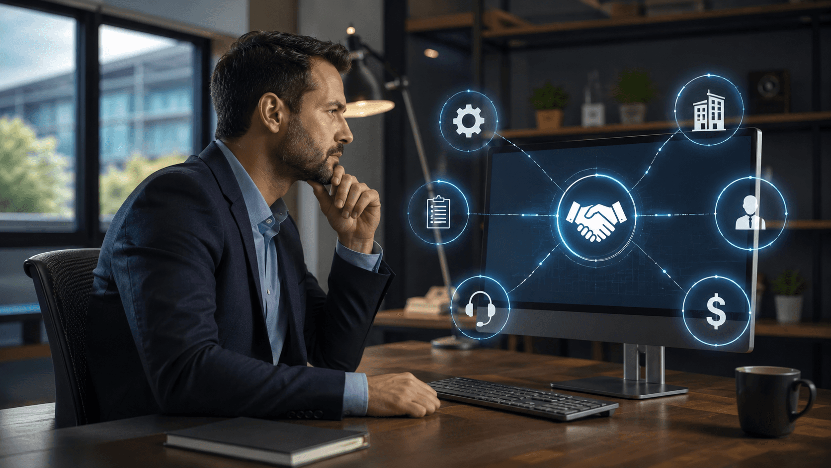 Homem analisando uma plataforma B2B em um escritório moderno, olhando para uma tela com elementos visuais conectando integração com ERP, gestão empresarial, suporte, tabelas comerciais e custos. Ambiente corporativo sofisticado, iluminação suave, estilo realista 3D, composição horizontal 16:9.