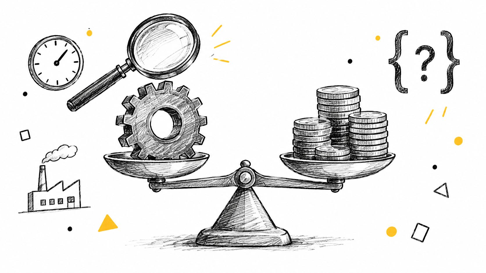 A conceptual hand-drawn sketch balancing a gear with a stack of coins using a traditional weighing scale.