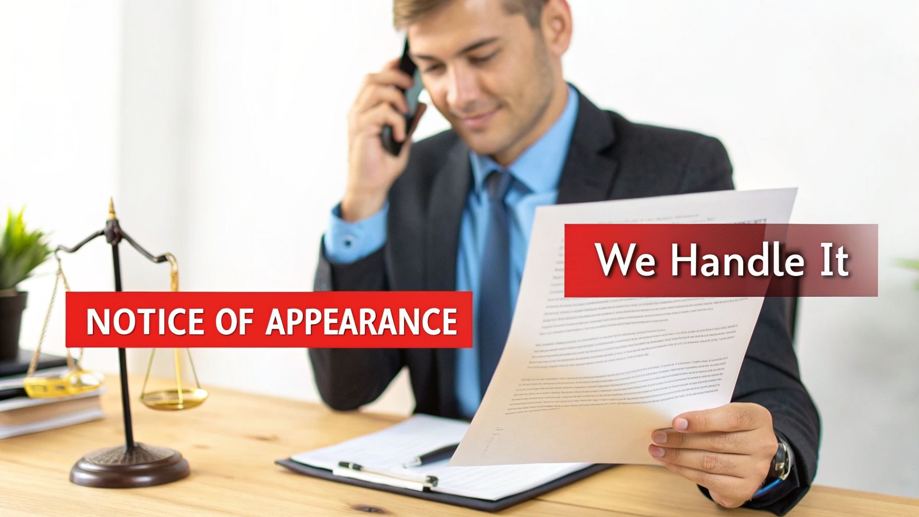 A lawyer on the phone holding a document with 'NOTICE OF APPEARANCE' and 'We Handle It' banners.