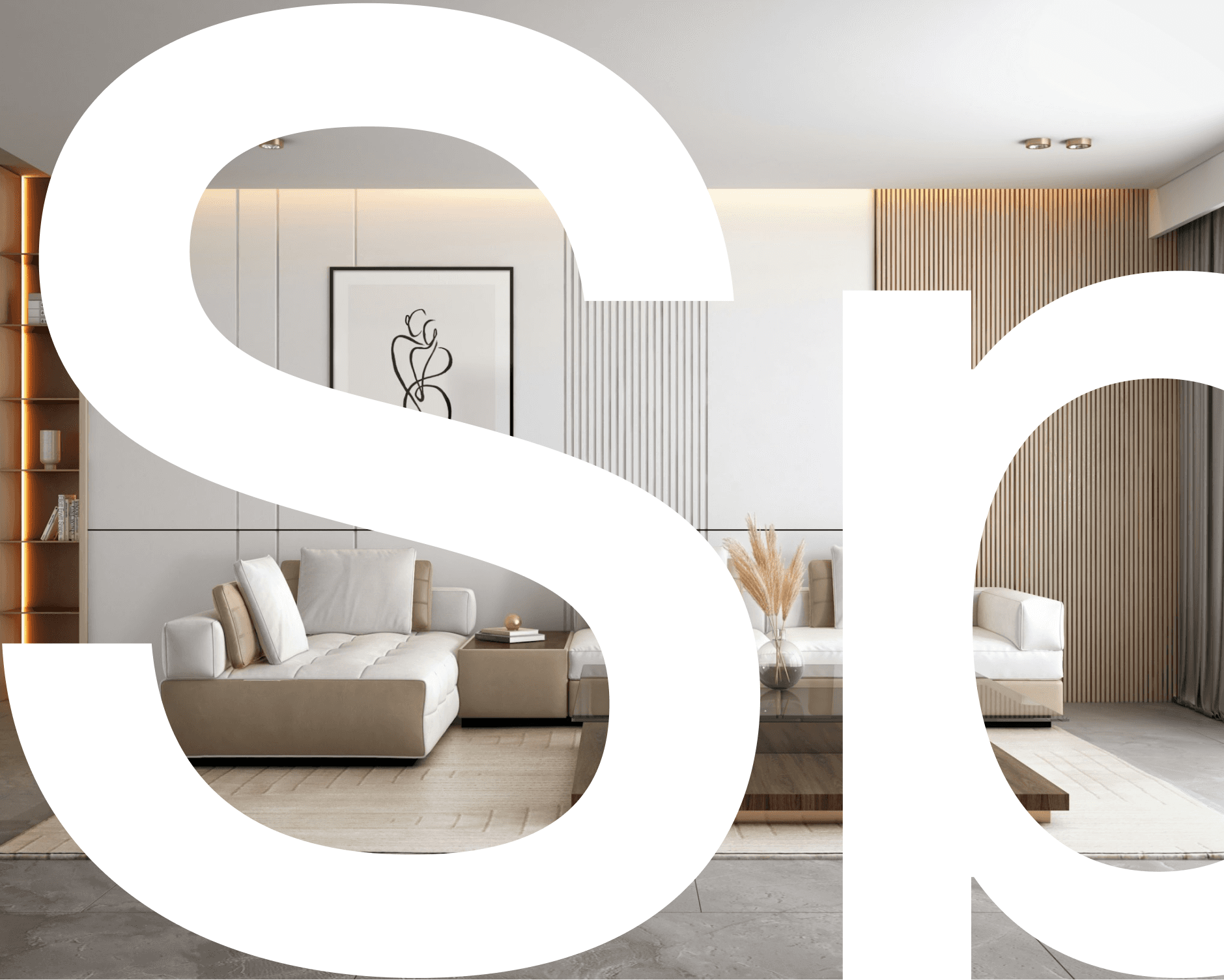 A modern living room featuring a beige sectional sofa, a minimalist abstract painting on the wall, and a cozy ambiance with soft lighting and wooden accents.