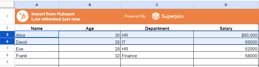 Select the rows above and below the hidden rows.