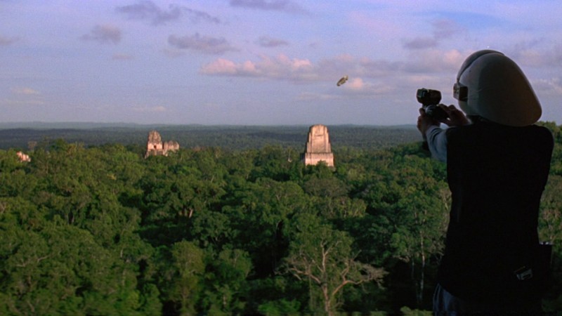 The Millenium Falcon over Yavin IV in a scene shot in Guatemala.