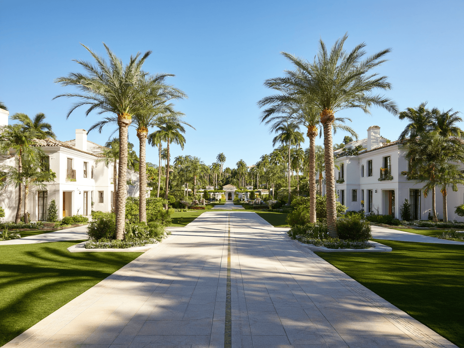 Luxury residential community with palm-lined entrance in Naples, Florida.