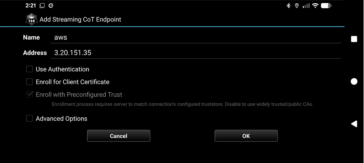 ATAK mobile app configuration screen for adding a Streaming CoT Endpoint with fields for name, address, and certificate enrollment options.