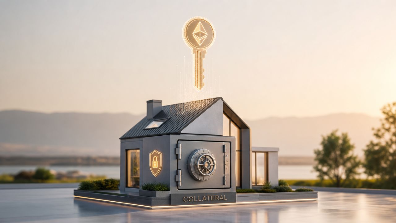 A miniature modern house featuring a large steel vault door and a glowing Ethereum key symbol.