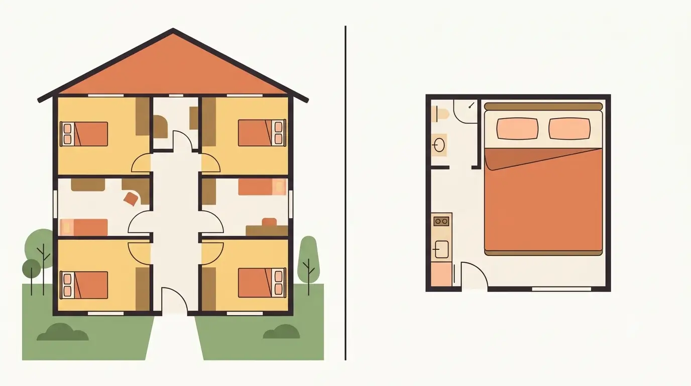 Illustration comparing a multi-bedroom house with spare capacity to a studio with room for only one bed.