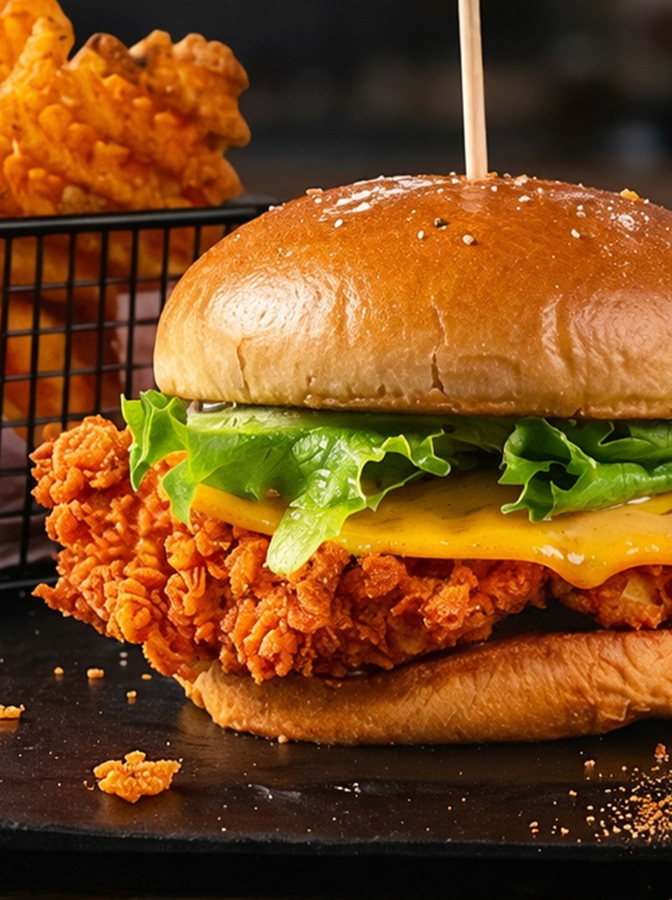 A beautifully plated dish featuring shrimp, colorful vegetables, and garnishes, set in a modern restaurant.