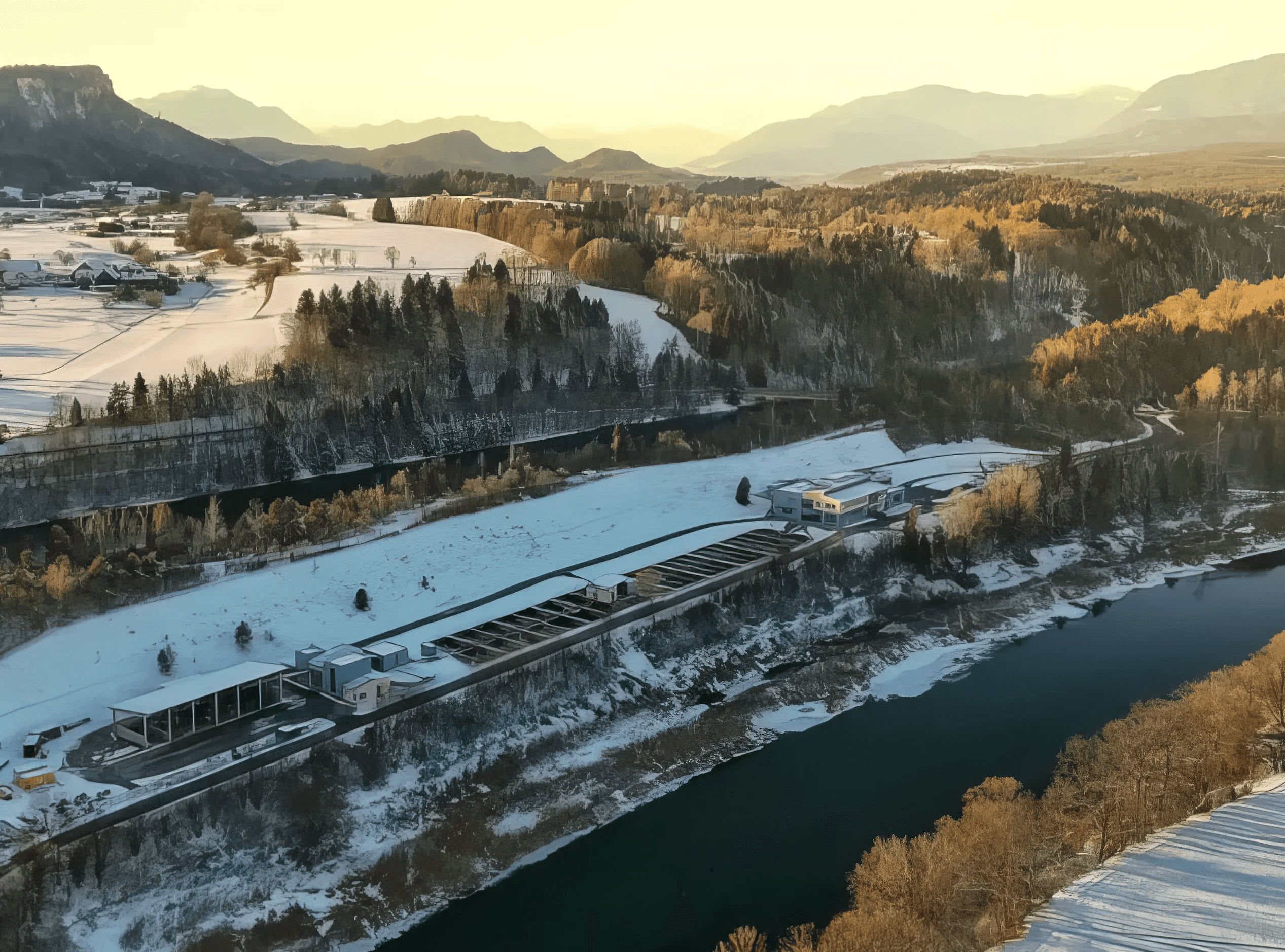 MW Interior - Luftaufnahme eines Wasserwerks mit Klärbecken an einem Fluss umgeben von Feldern und Wäldern" Beschreibung: Luftaufnahme eines Wasserwerk-Standorts – ein Referenzprojekt, bei dem auch in technischen Betriebsgebäuden hochwertige Inneneinrichtungslösungen realisiert wurden.