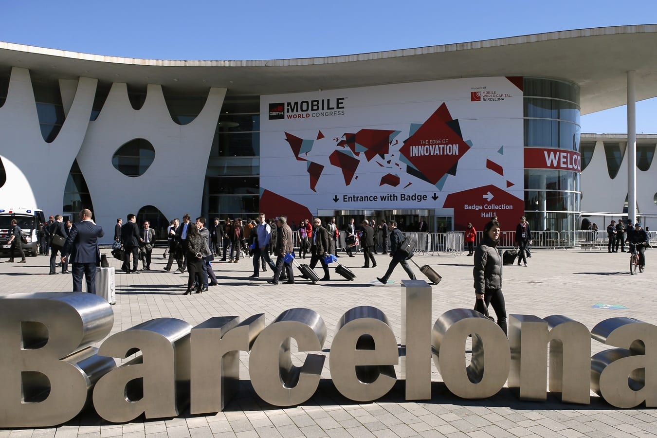 Exterior of exhibition centre in Barcelona with Mobile World Congress signage to the face of the building.