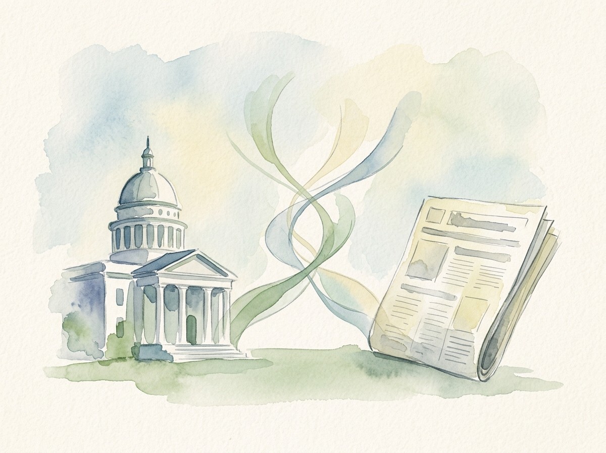 Watercolour of a domed civic building beside a folded newspaper, linked by a flowing ribbon.