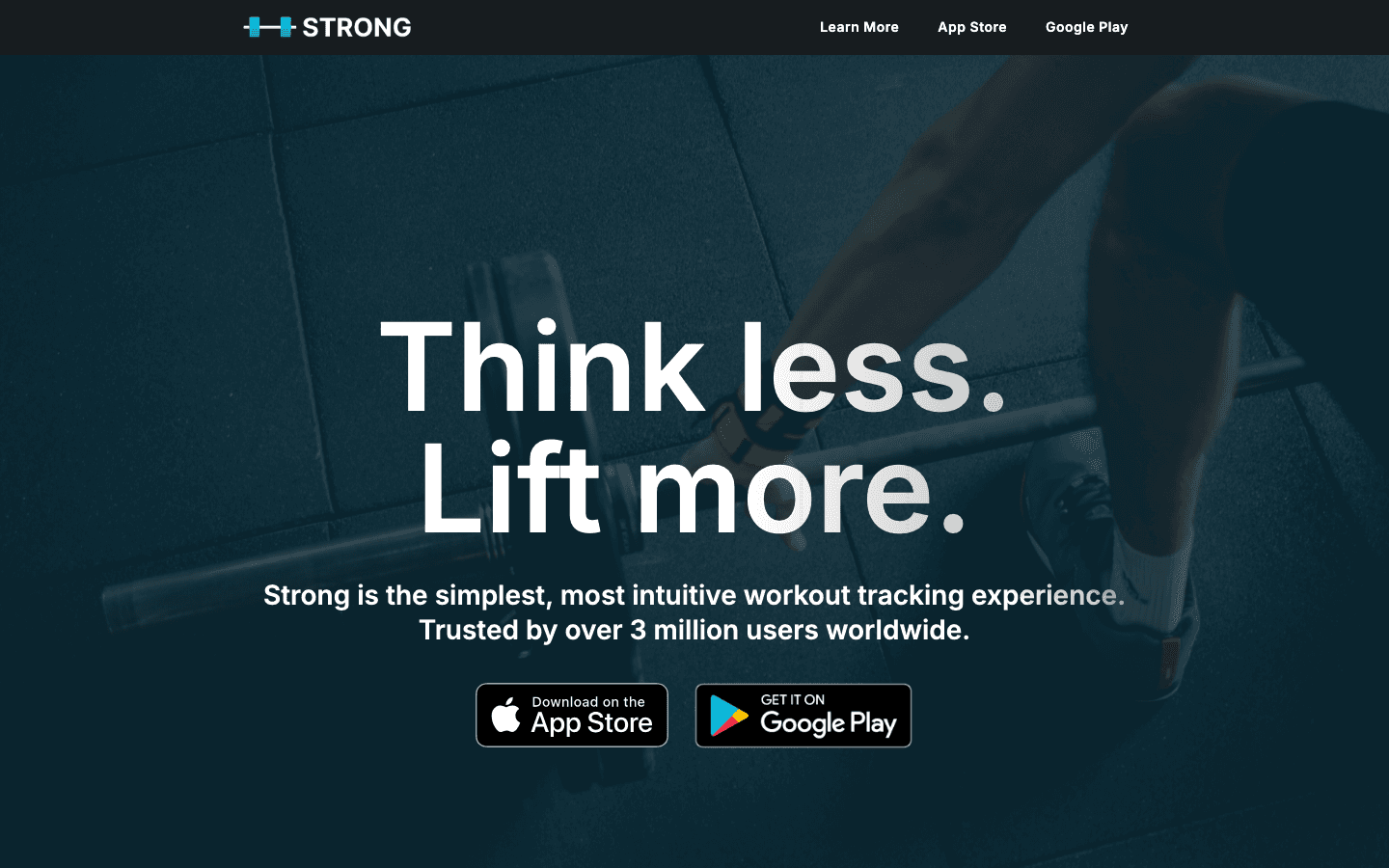 Strong app website with the tagline think less lift more