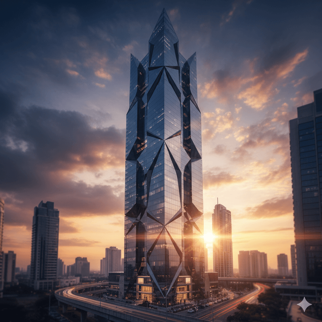 Modern glass office tower with futuristic architecture and sunset reflection inGolf Course Road, Gurugram
