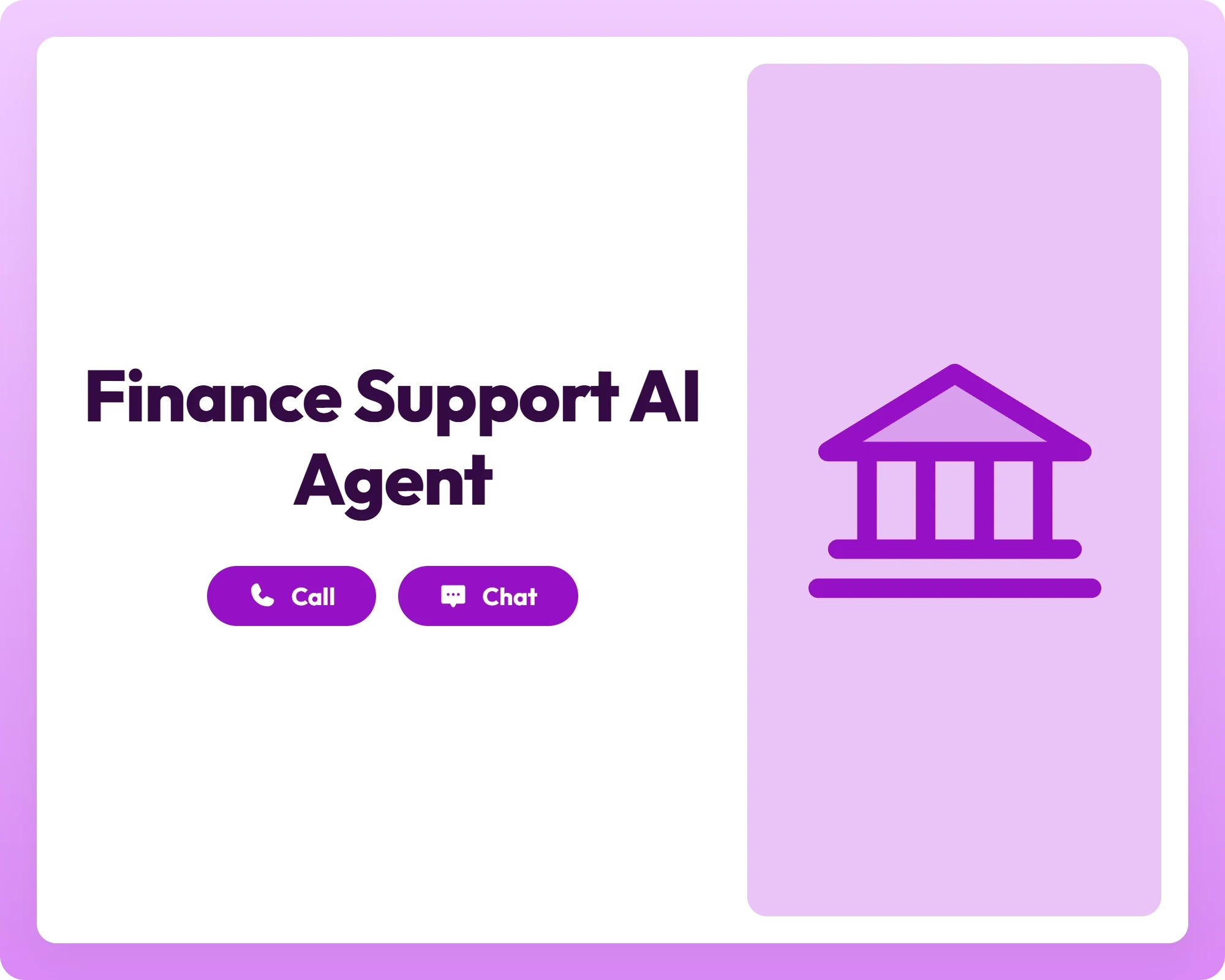 finance support ai agent with call and chat buttons alongside a bank icon panel