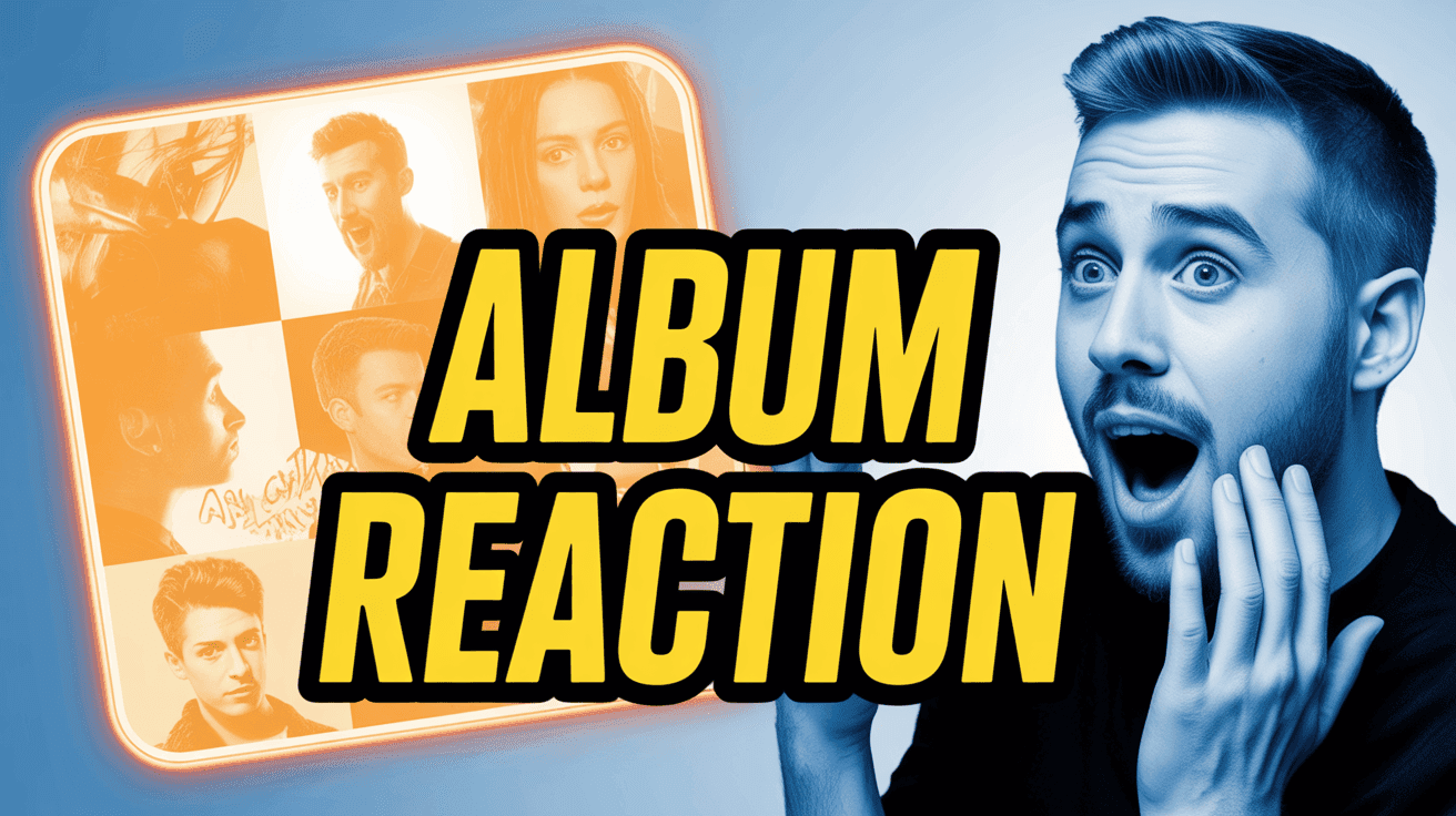 Album Reaction Face Cam Thumbnail, featuring a surprised music reviewer reacting beside a glowing album cover collage