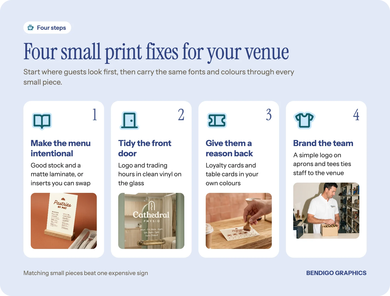 Four steps to lift a hospitality venue with print: a considered menu, a tidy front door, cards that bring people back and a branded team