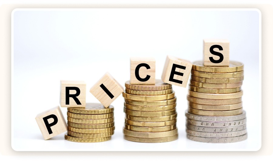 Stacked coins and “PRICES” note