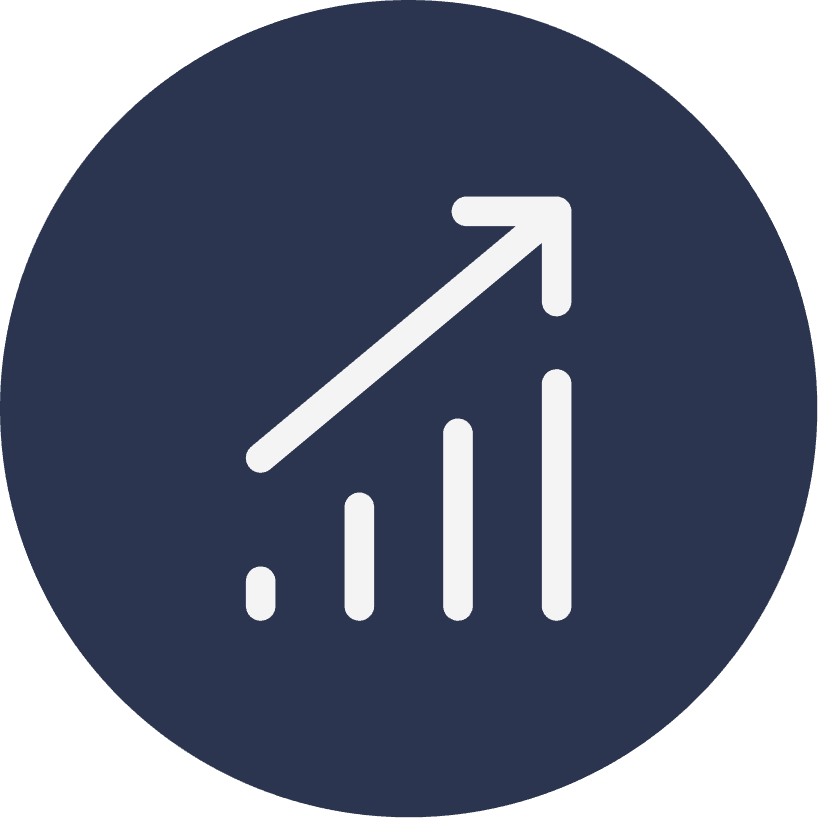 Icono de gráfico de barras con flecha ascendente indicando una tendencia positiva de crecimiento.