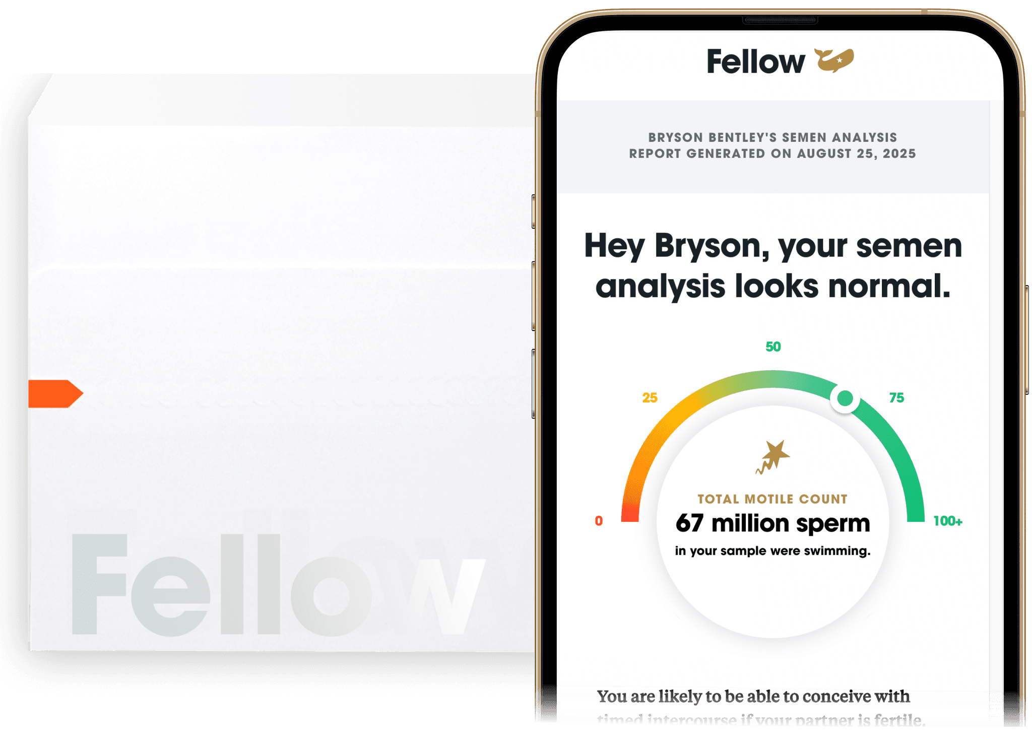 The Fellow Semen Analysis kit and test results displayed on a mobile phone