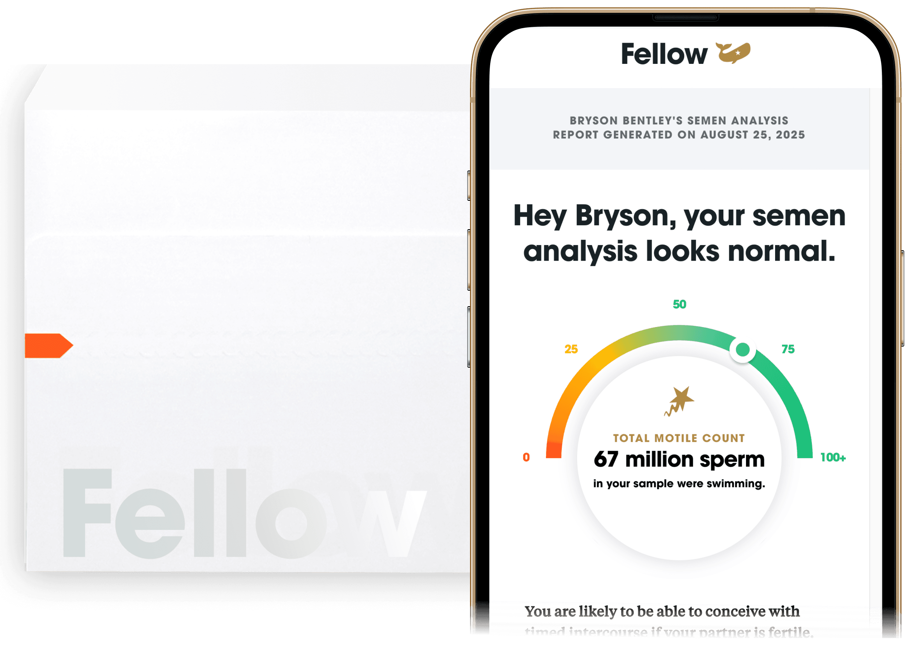 The Fellow Semen Analysis kit and test results displayed on a mobile phone