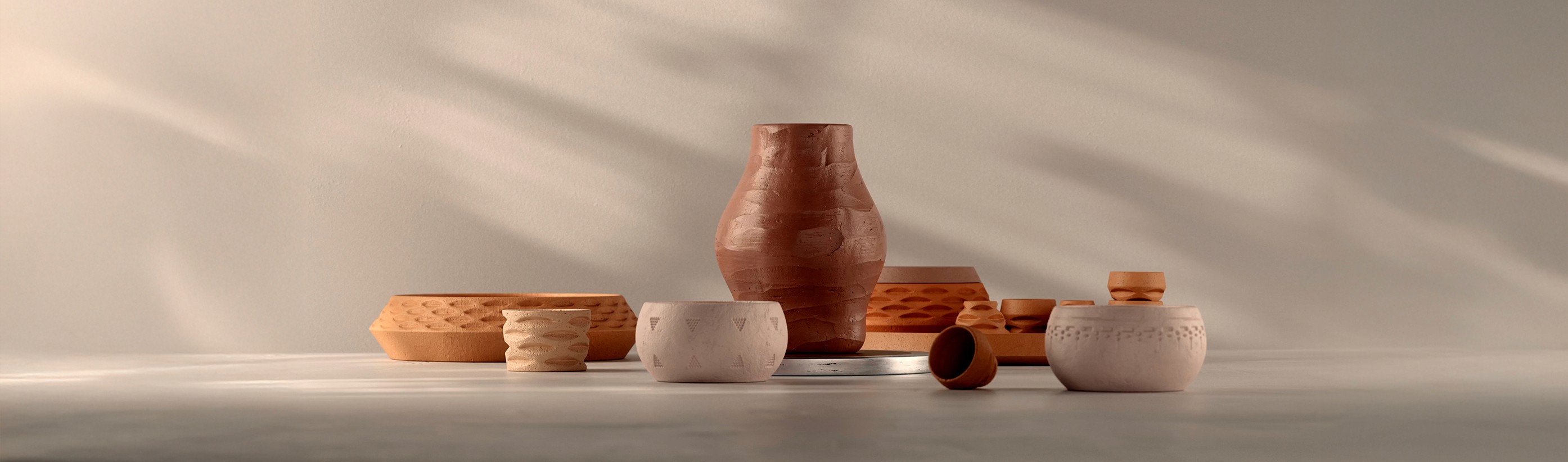 3D models of various types of pottery in a raw state