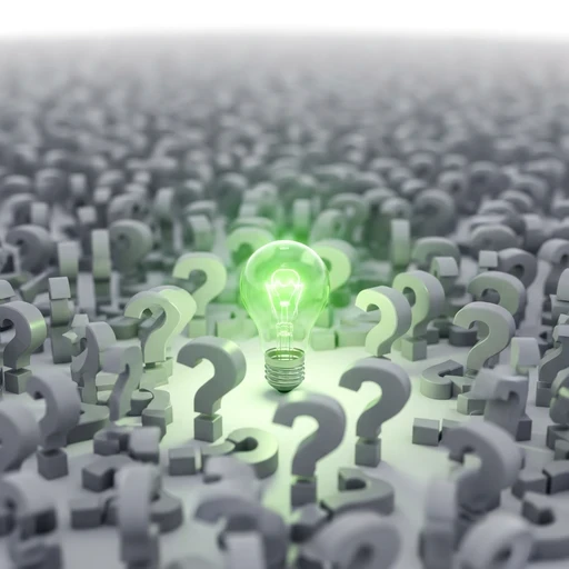 En grön lightbuld omringad av frågetecken.