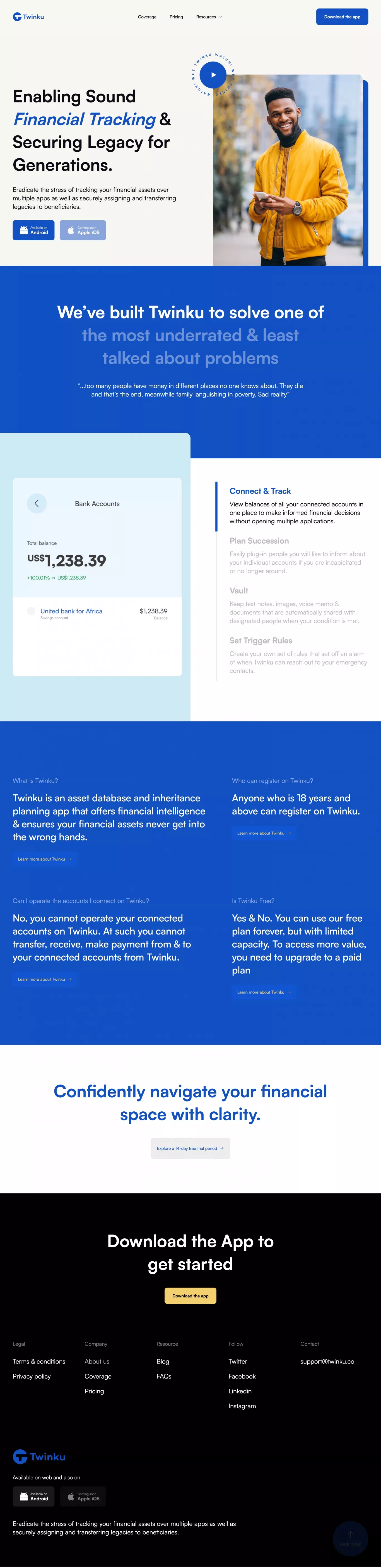 Twinku landing page screenshot showcasing Tech and Finance design