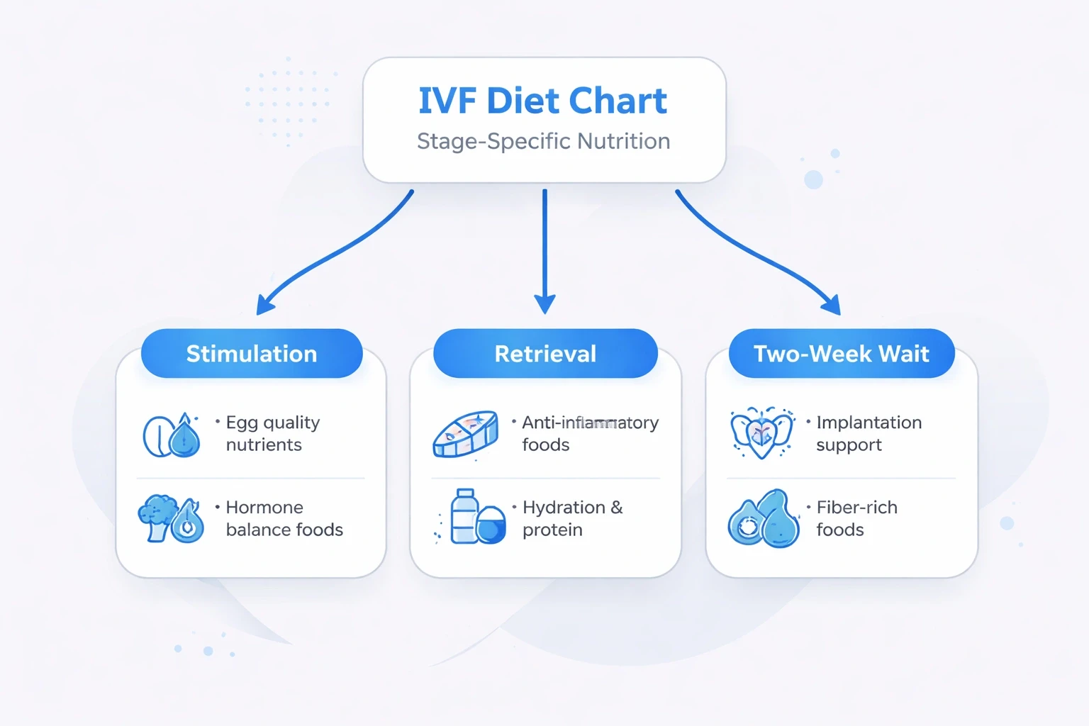 Modern flowchart visual for an IVF diet chart, showing stage-specific nutrition steps with a clean layout, using a light gray background (#efefef) and accent blue (#3b82f6) for icons and headings.