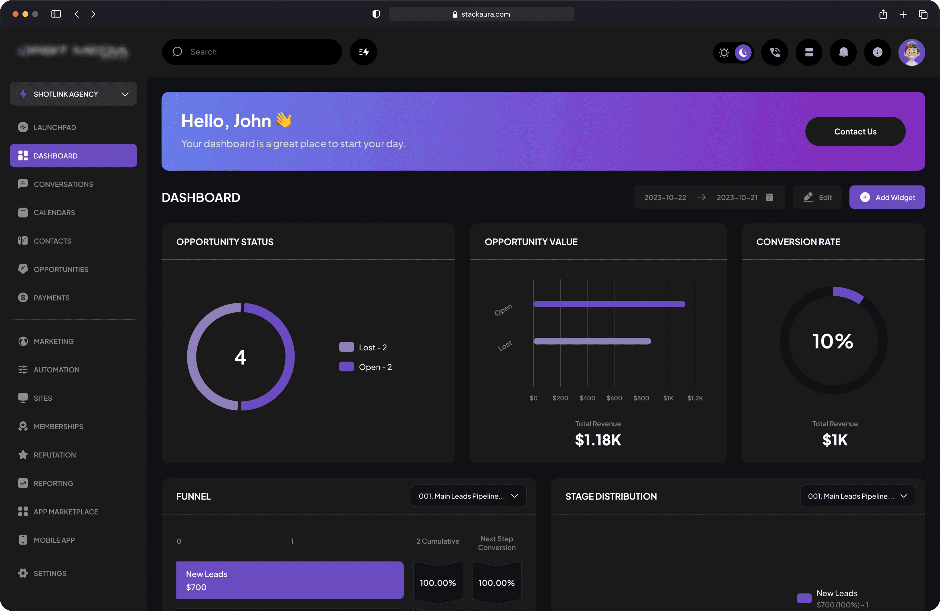 Purple accent Go High Level dashboard theme with custom UI and SaaS-style interface redesign | StackAura