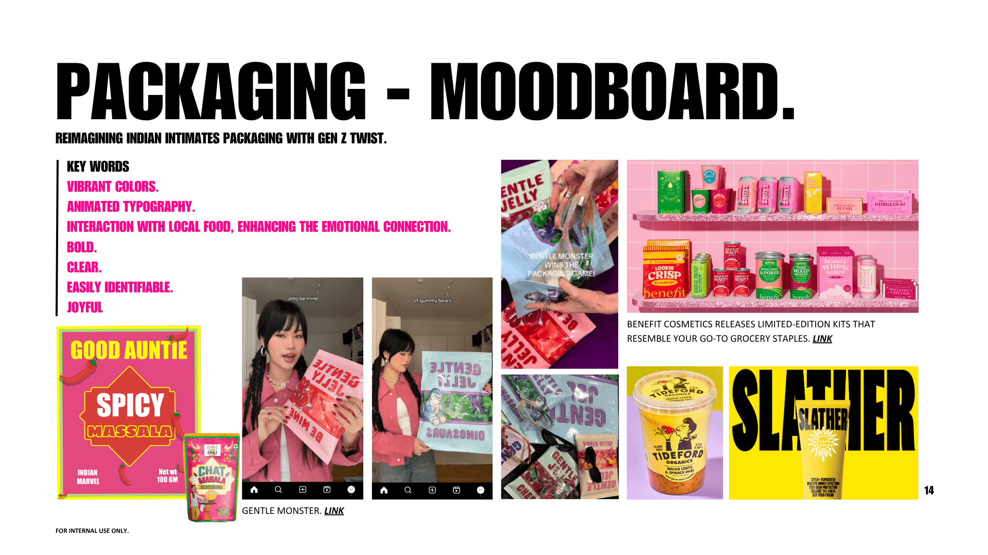 Packaging mood board with bold typography, vibrant color palettes, and visual references inspired by grocery and beauty packaging for Good Auntie.