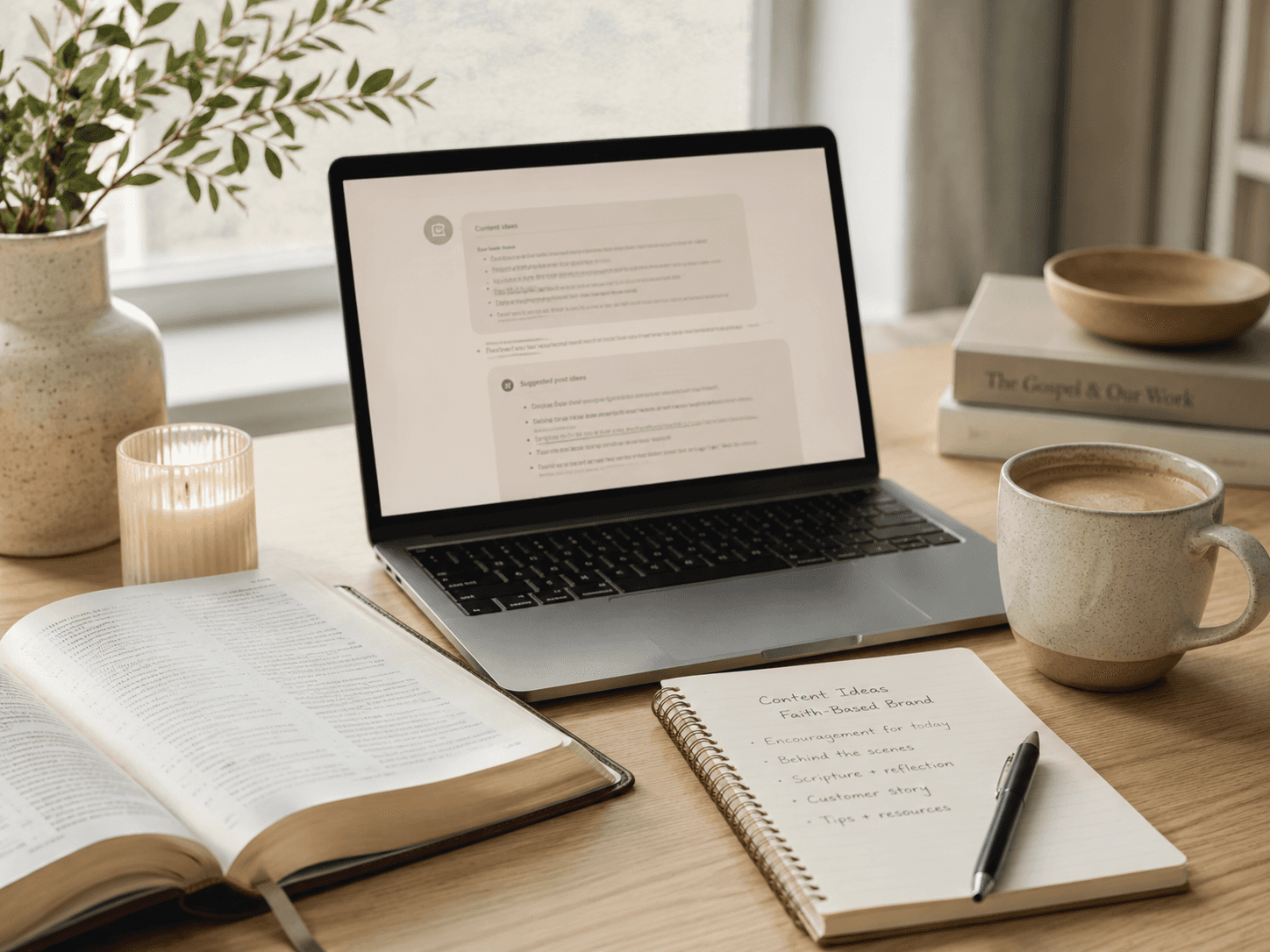 Open Bible, laptop with AI content ideas, notebook, and coffee on a softly lit desk