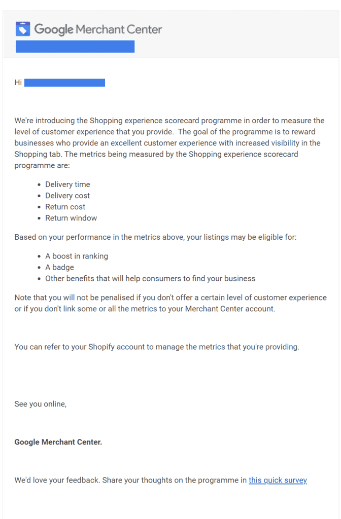 Google Merchant Centre introducing Shopping experience scorecard.