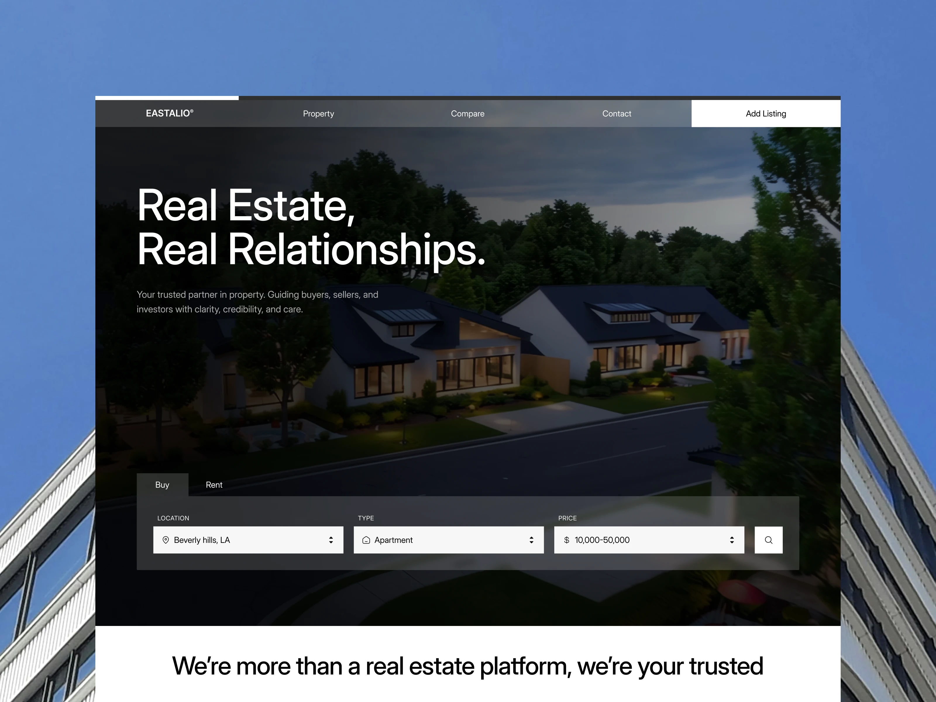 Eastalio real estate website template featuring a modern home at dusk and property search bar.