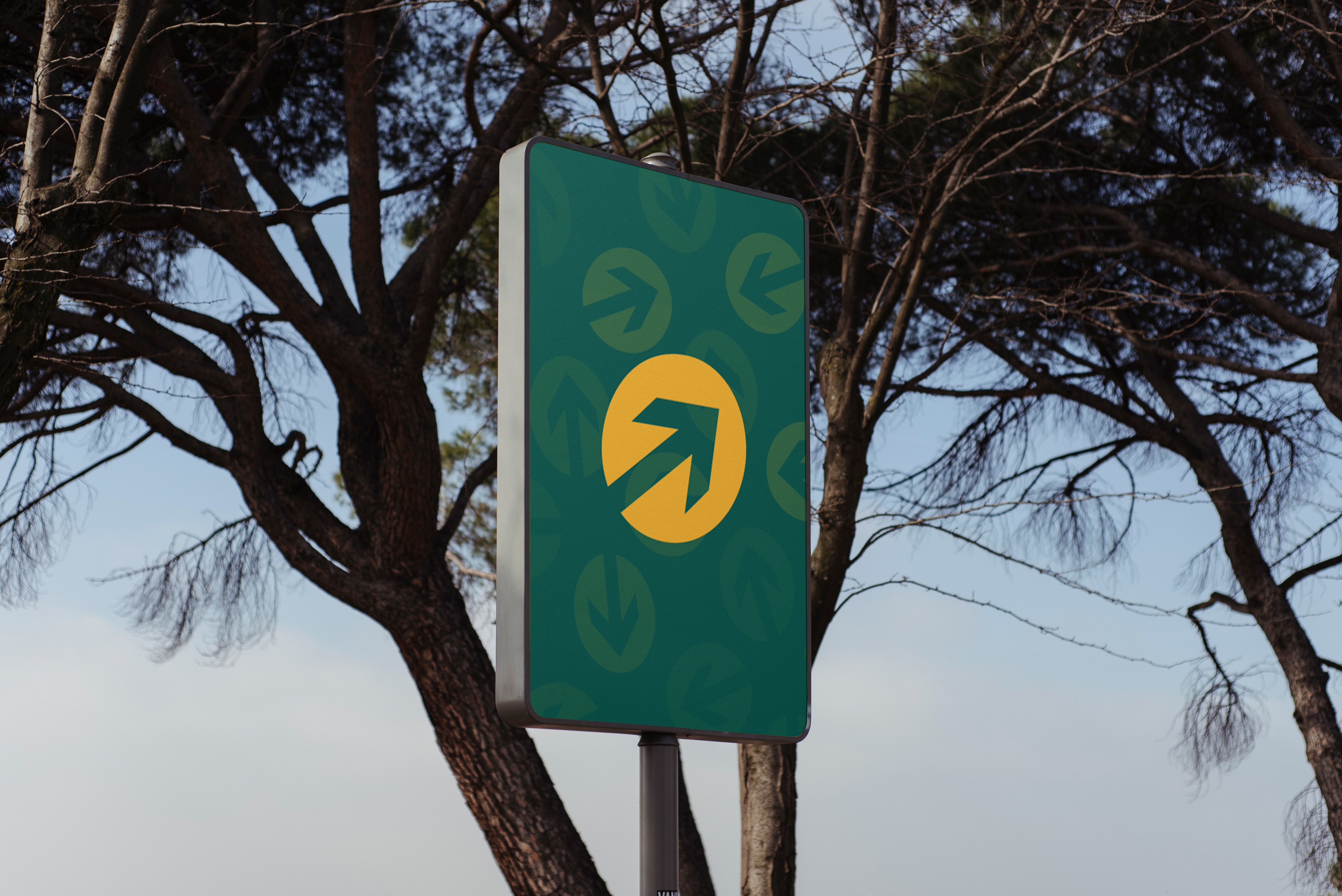 Photo showing Clear directional sign with yellow arrow pointing amidst trees under a sunny sky.