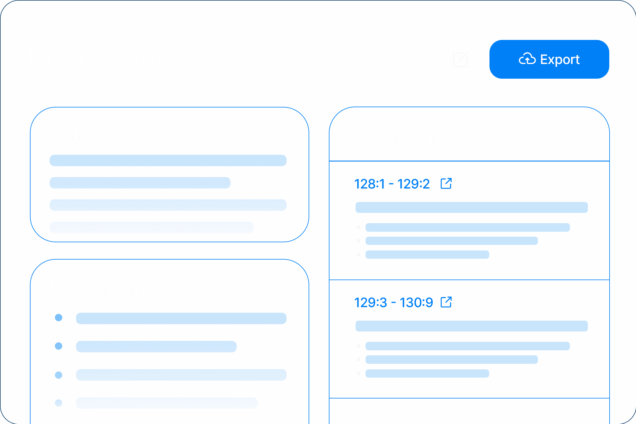 Litigation intelligence dashboard consolidating testimony, cross-referenced records, timelines, and context-aware key admissions