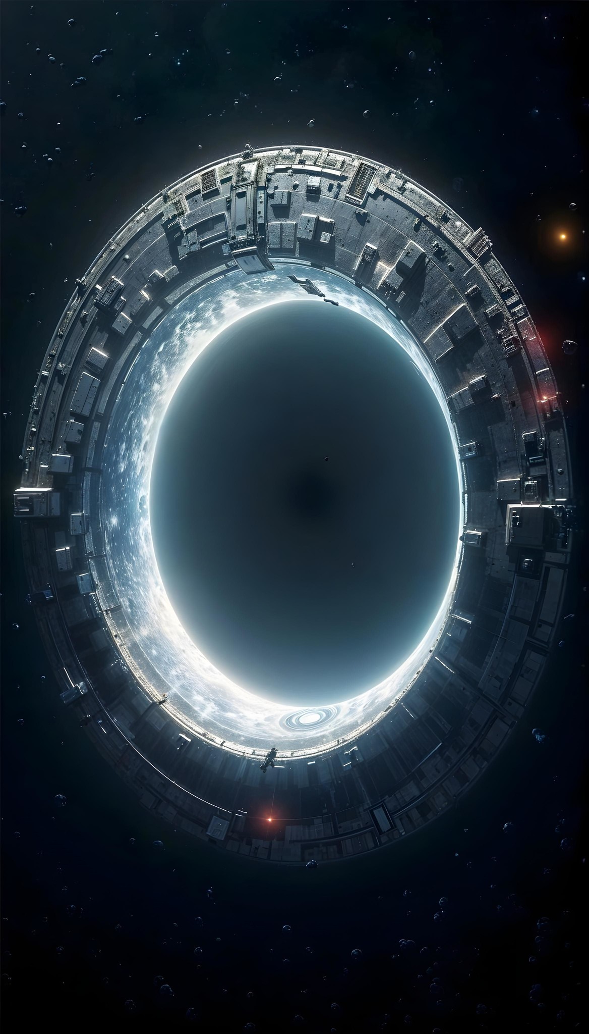 A futuristic, circular Hyperspace portal with intricate details orbits in the darkness of space. 