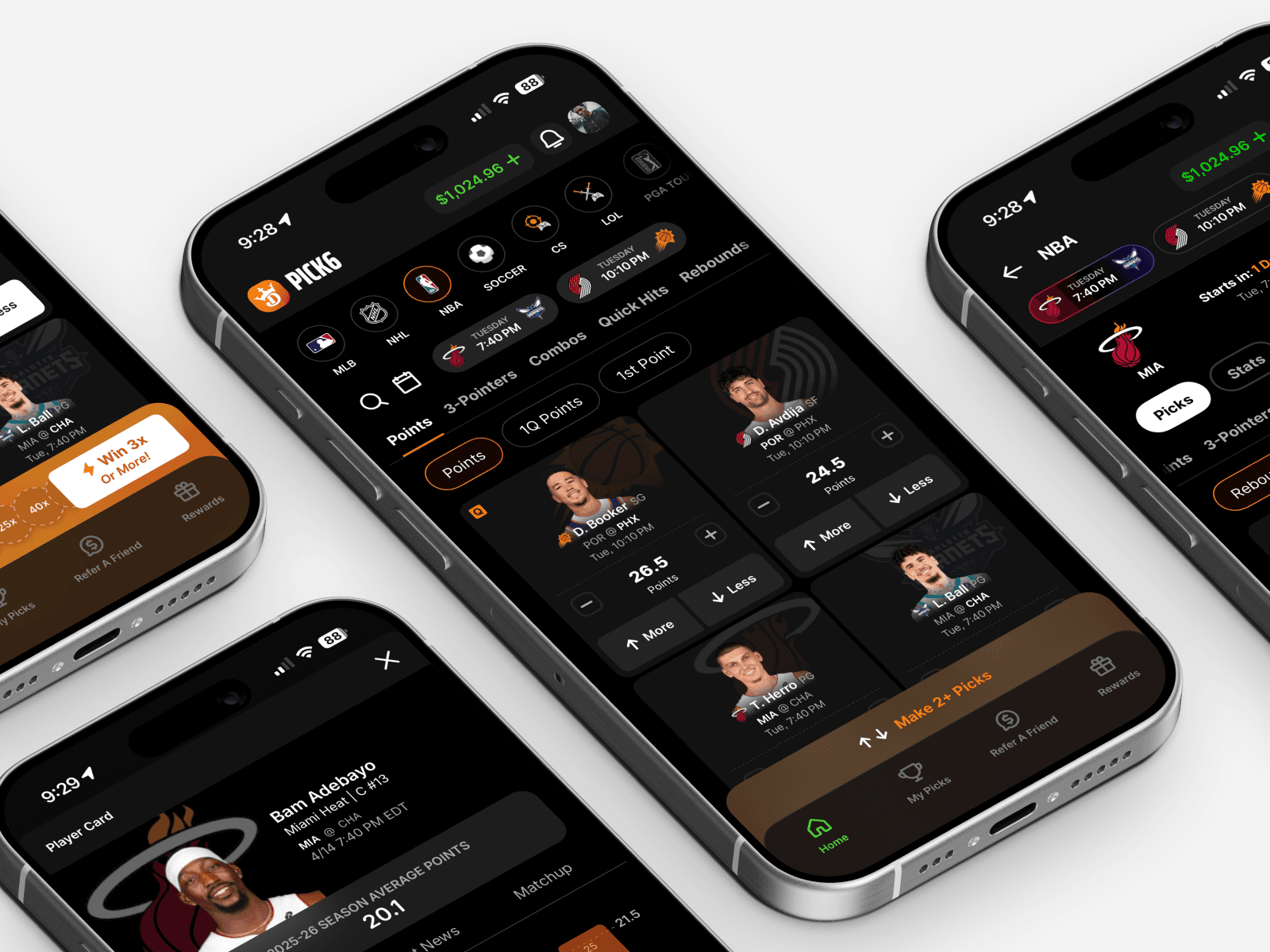 mobile screens from the pick6 app