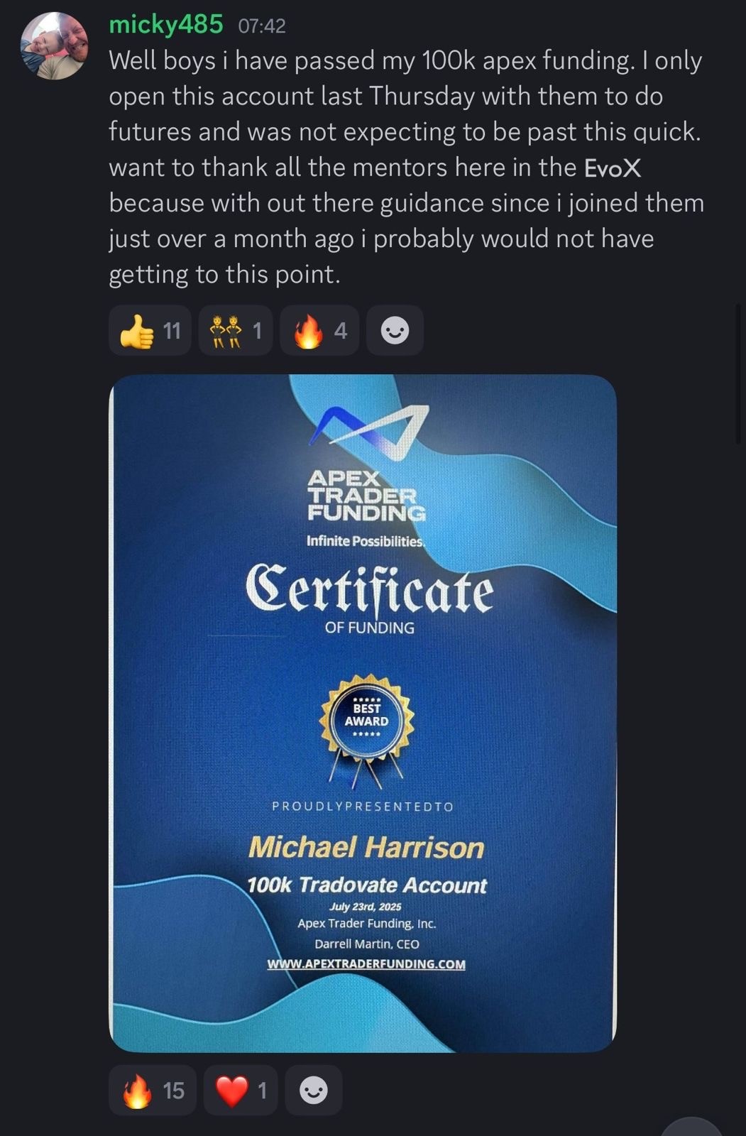Apex Funding certificate screenshot for Evo X member Michael Harrison with 100k tradovate account achievement