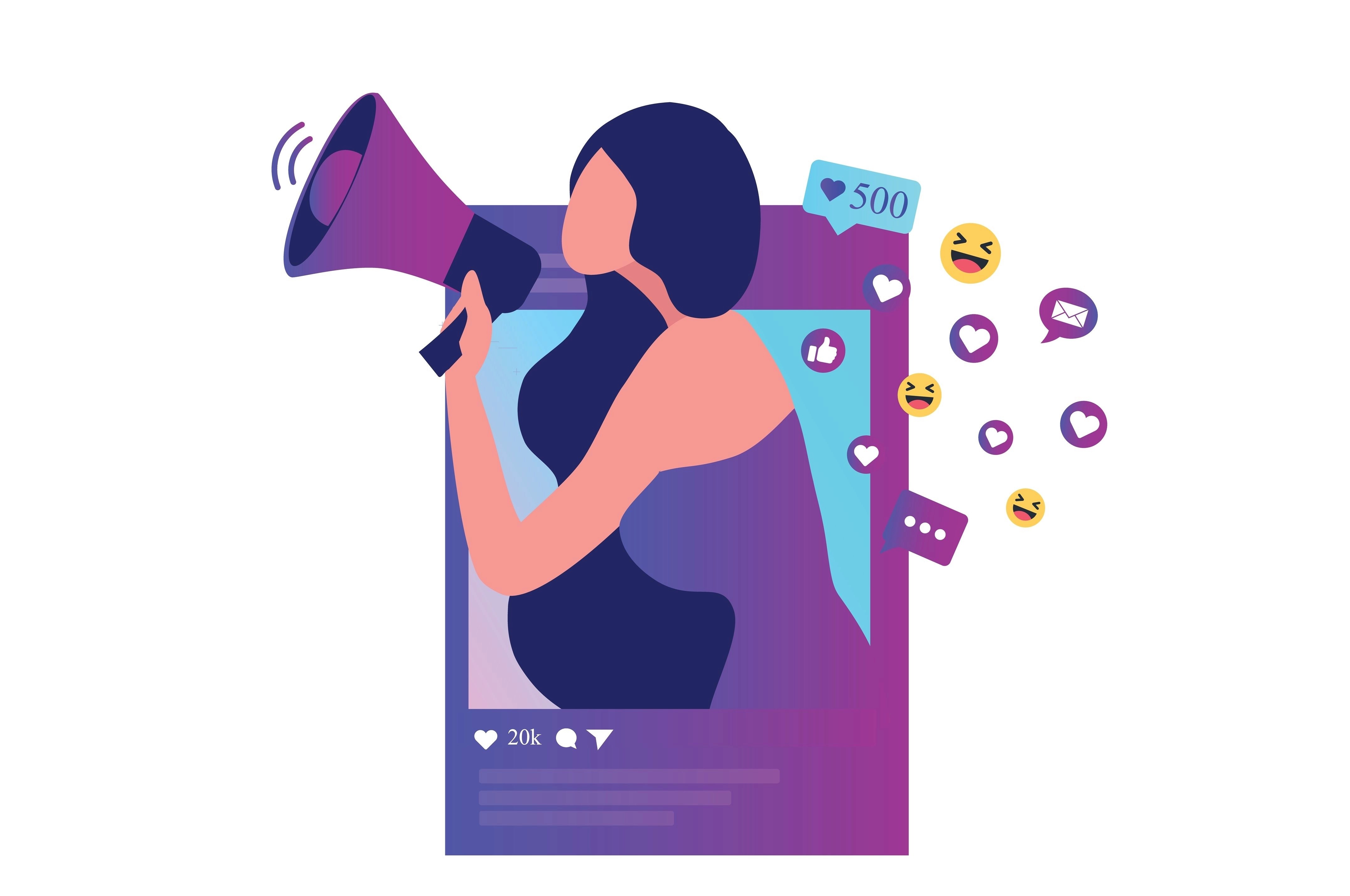 Influencer holding a megaphone on a social media post with 20k likes and engagement reactions
