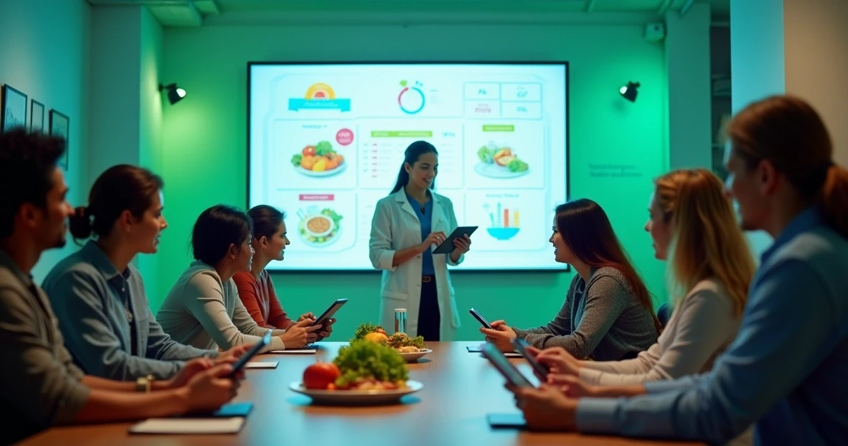 Nutricionista orientando um grupo de pacientes com tablets e aplicativos de acompanhamento digital 